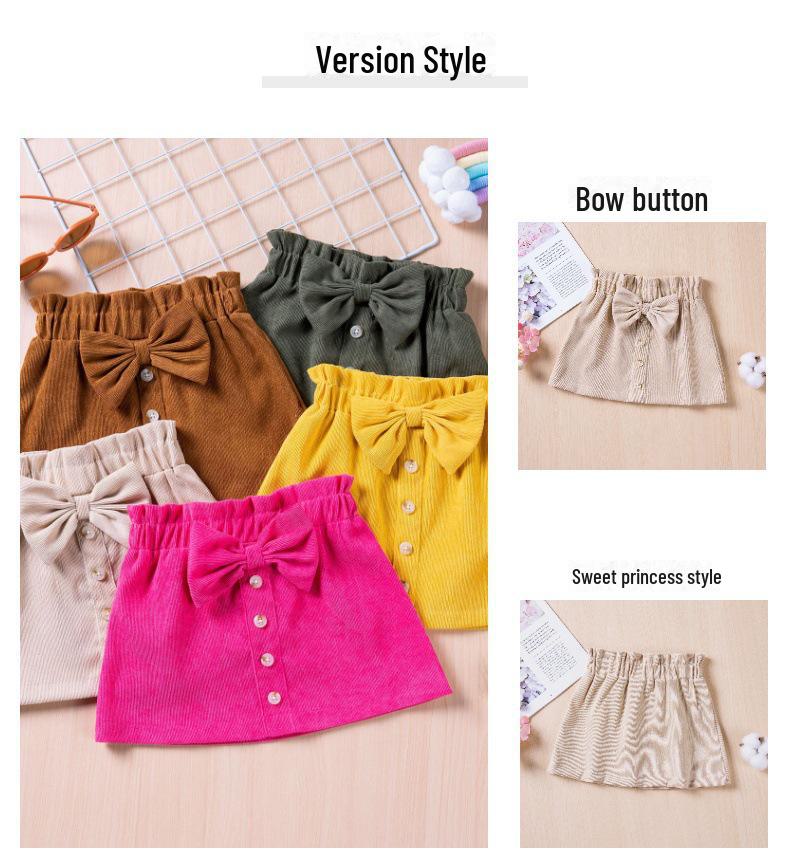 2024 Spring/Autumn Girls' Corduroy Bow Skirt - Solid Color, Single-Breasted, Fashionable.