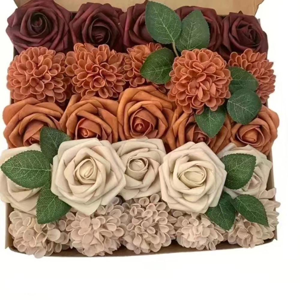 25PCS Gradiet Color Artificial Rose Flowers Flexible Wire Stems Realistic Flowers  Party Decoration