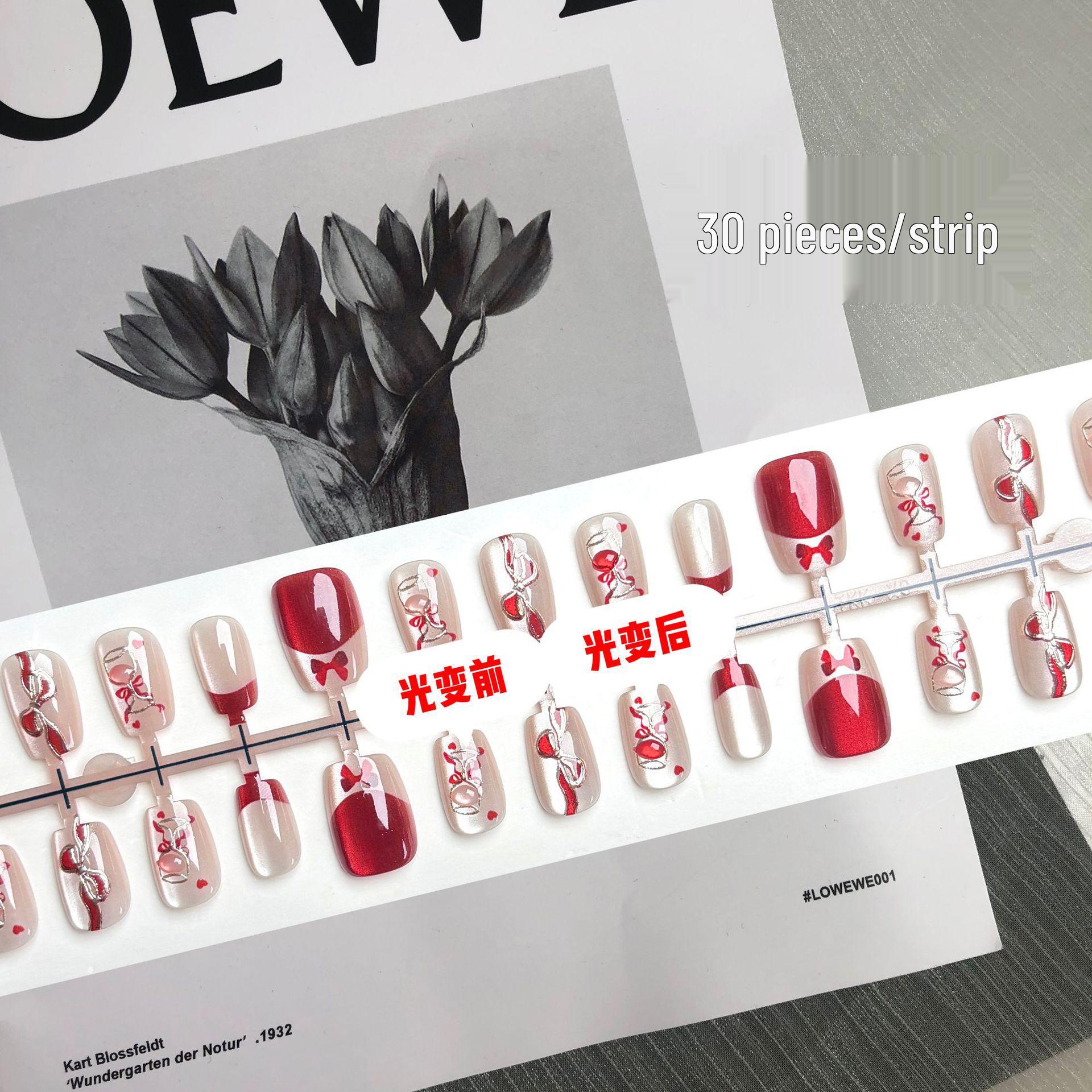 

Красные самоклеящиеся накладки для ногтей, меняющие цвет в зависимости от настроения, с красным бантом, 30 штук