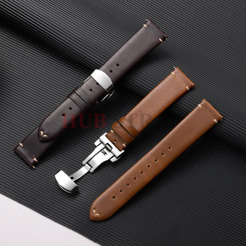 18 20 22mm Genuine Cowhide Strap Replace Band Rretro Stiching Soft Watchband Butterfly Buckle  for Men Women Watch Accessories