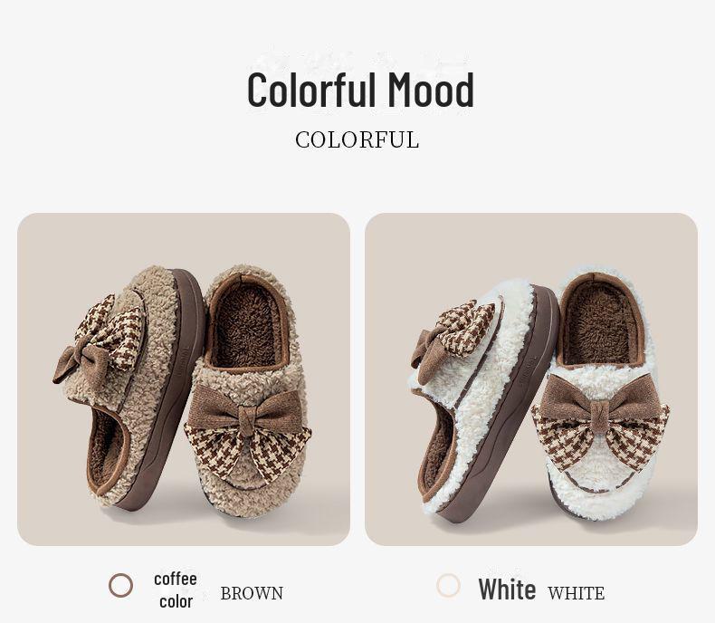 Bomullstofflor med rosett för kvinnor, tjock sula, varma sandaler för inomhus-/utomhusbruk, höst/vinter 2024