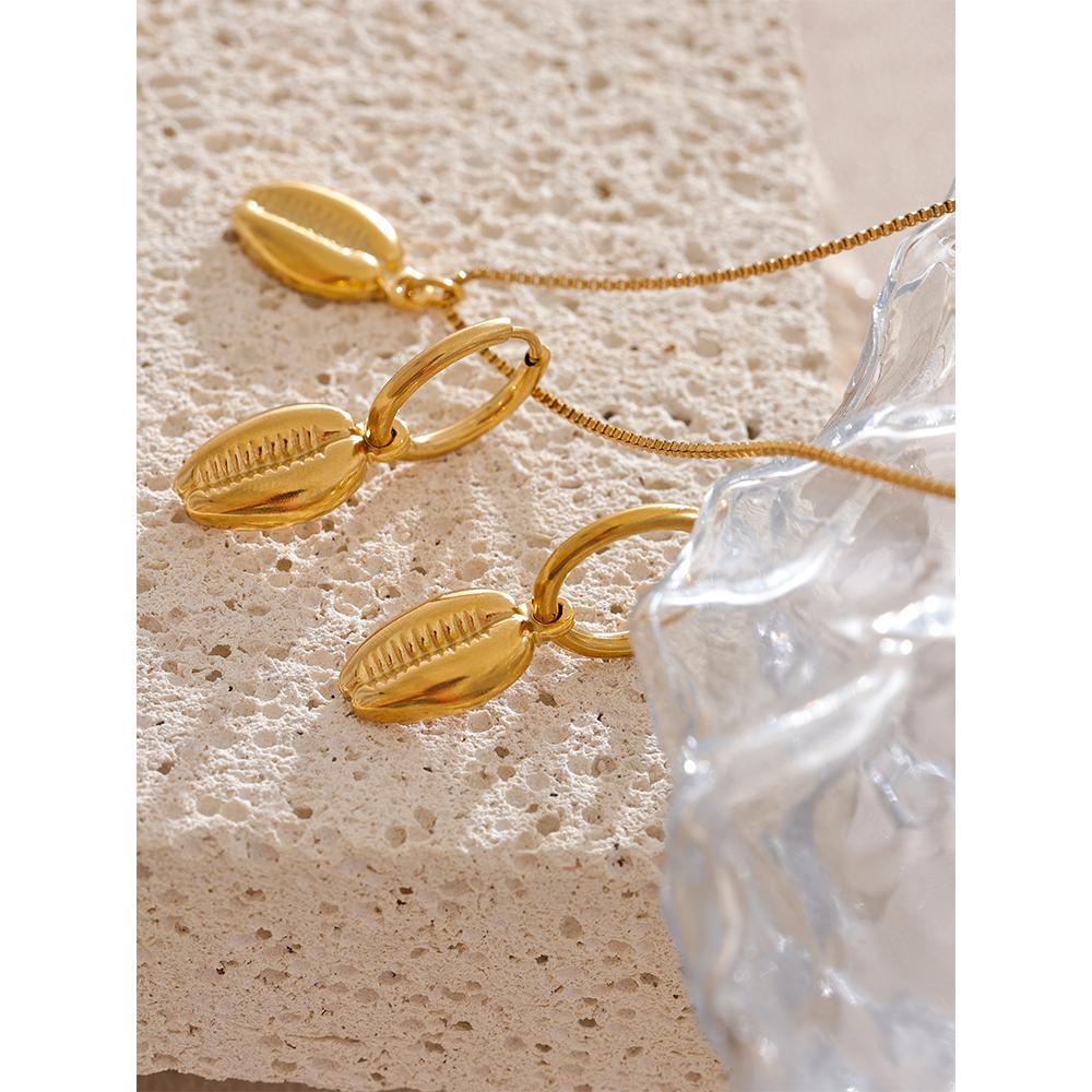Yhpup Stainless Steel 18k Gold Color Metal Shell Hoop Earrings Necklace Fashion  Jewelry Set Women Waterproof Allergy Prevention
