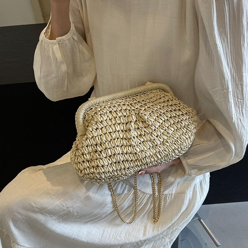 Summer Beach Fashion Hollow Out Women Clip Woven Shoulder Bag Straw Weave Chain Casual Crossbody Bags
