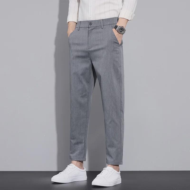 Pantaloni Casual de Primăvară pentru Bărbați, Slim-Fit, cu Dungi, Lungime Nouă Puncte