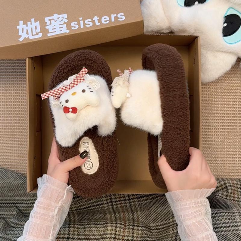 Fleece Warm Fluffy Slippers One-word Drag Internet Celebrity Fashion Cartoon Hello Kitty Cotton Slippers Women's 2025 Autumn and Winter New