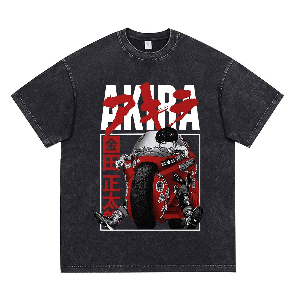 Anime Akira Vintage Washed T Shirt 90s Science Fiction Movie Shotaro Kaneda Short Sleeve T Shirts Cotton Casual Loose T-shirts