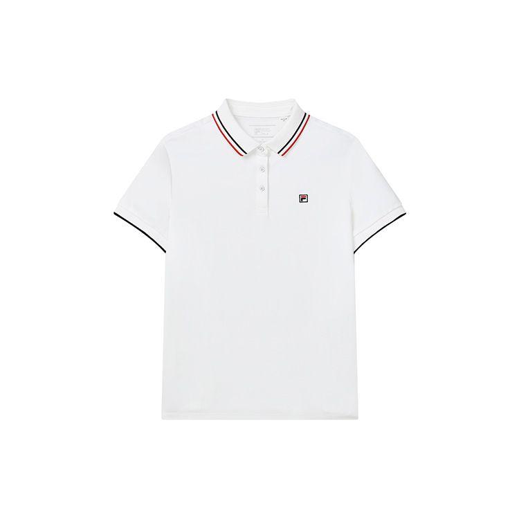 Fila SS22 Striped Logo Casual Knit Short Sleeve Polo Shirt Women Tops Standard-White F11W231106F-WT