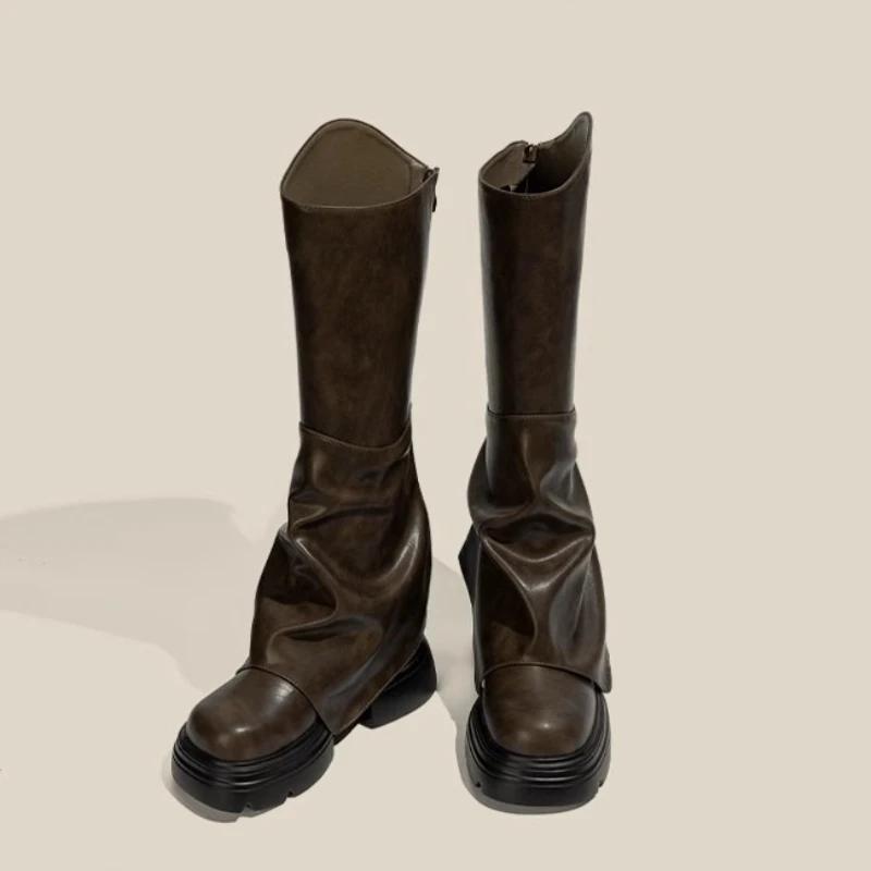 Women's Fashion Pantyhose Boots New V Mouth Round Toe Zipper Thick Bottom Niche Tall Boots Comfortable Rider Boots Women Shoes