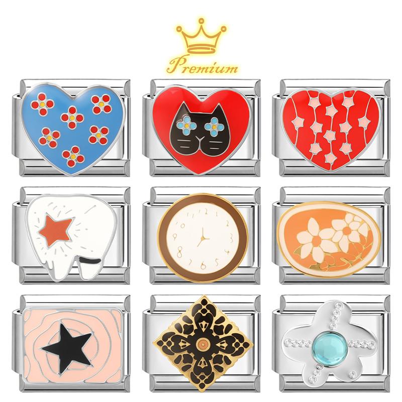 Fashion Clock Fish Flower Butterfly Heart Teeth Star High Quality Charm Links Fit 9MM Stainless Steel Bracelet DIY Making Gifts