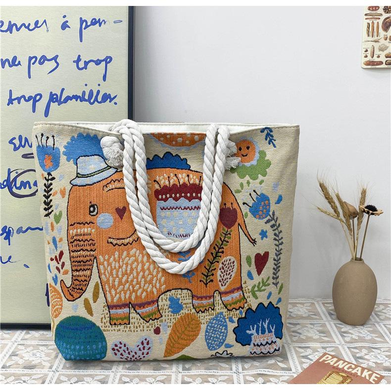 Etnisk stil elefantbroderad damväska hampa rep axelrem broderad mammapåse picknickväska axelväska messengerväska