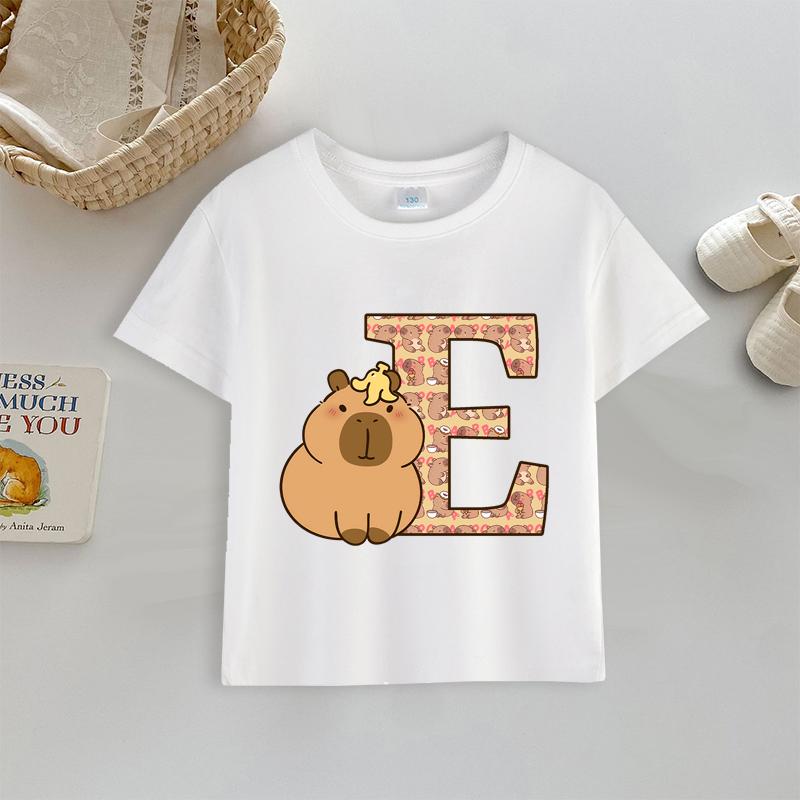 Tričko kapybara Potisk písmen A-Z Top Roztomilý Kreslený Anime Chlapecké Dívčí Oblečení Bavlna Kulatý Výstřih Kojenecké Krátký Rukáv Venkovní Oblečení