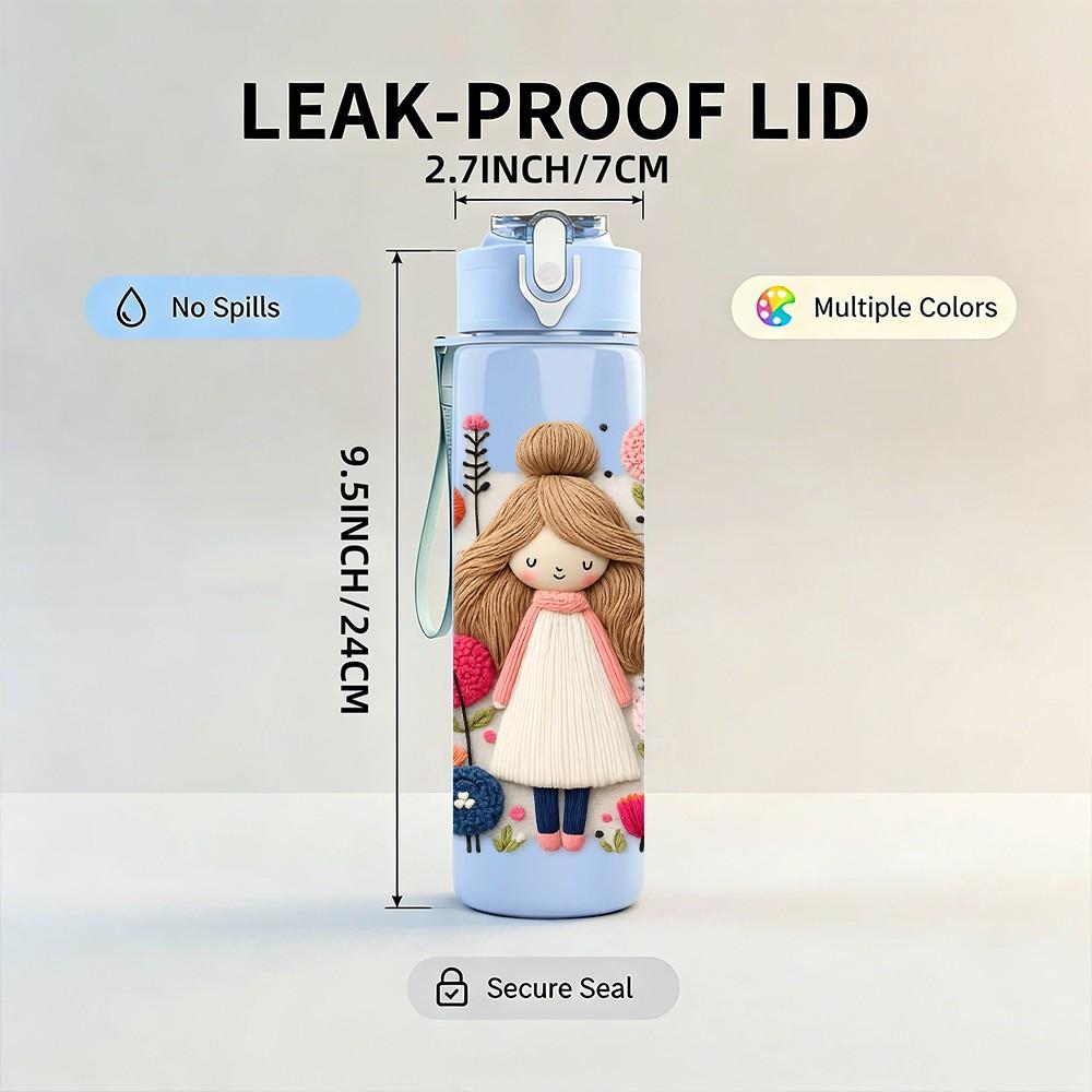 1PC Cute Standing Vintage Doll Art Print 750ml Color Plastic Sports Water Bottle Leakproof Flip Straw Lid Suitable for Sports Office Home Use