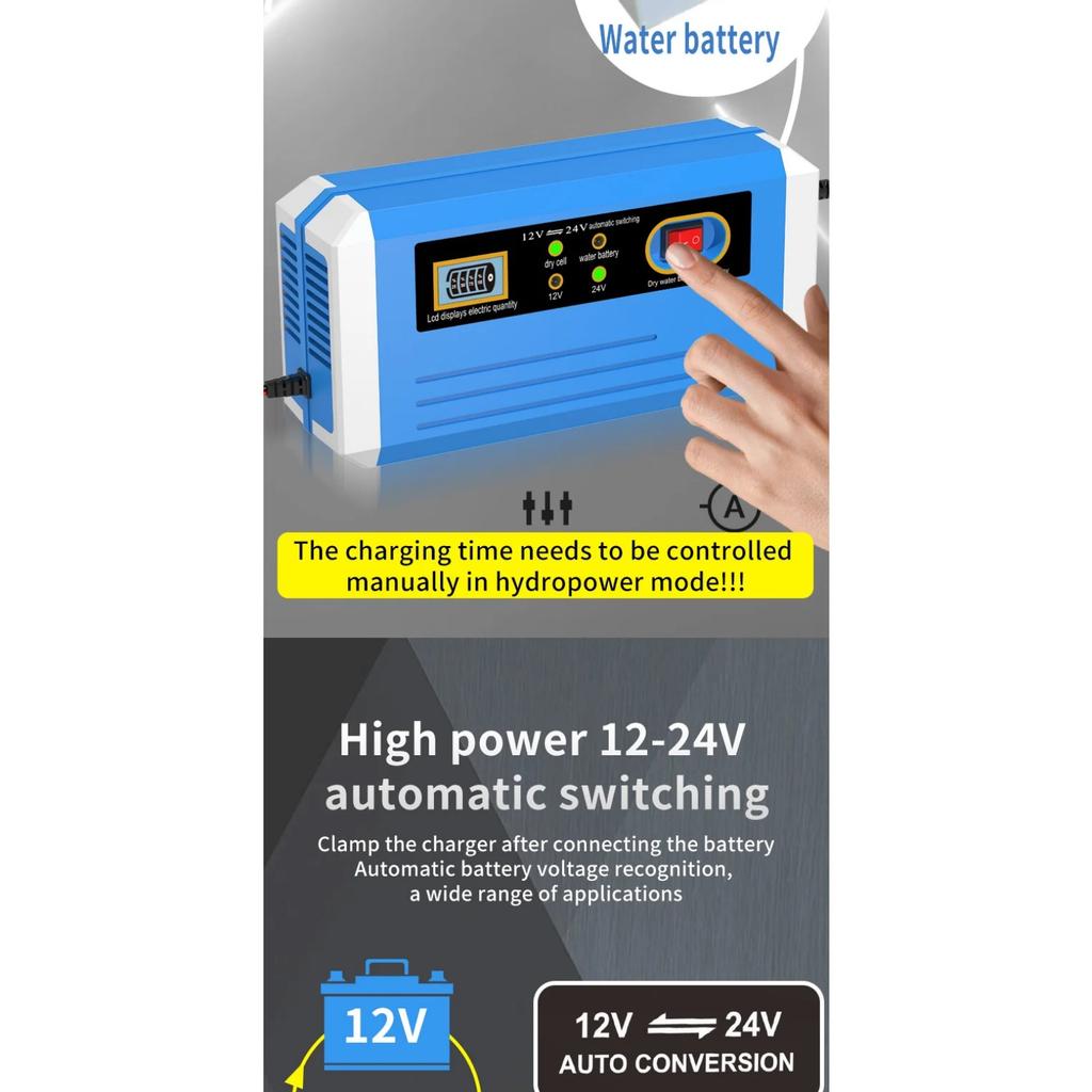 Batterieladegerät 10-Amp 12V & 24V Vollautomatisches Smart-Autobatterieladegerät mit Batterieerhalter, Erhaltungsladegerät und Batterie D