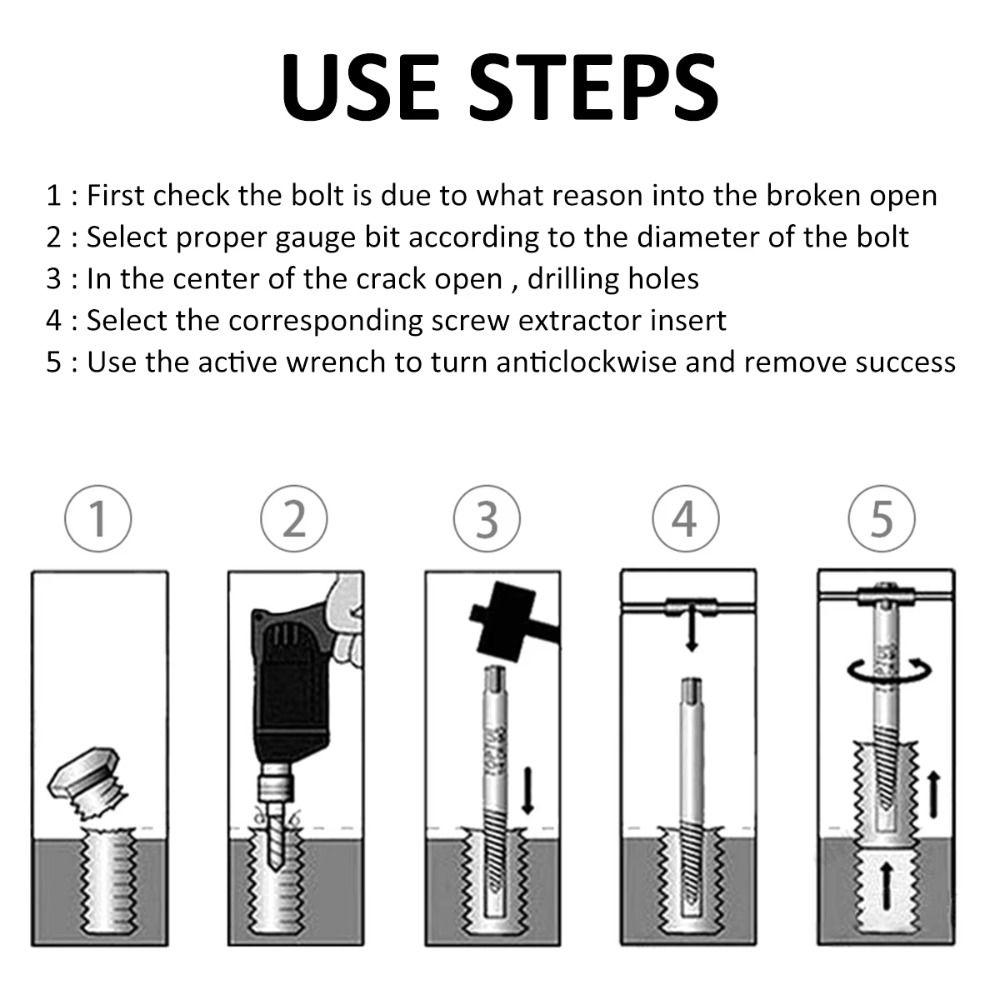 Chrome Vanadium Steel Screw Extractor Kit Extracts Screws and Bolts Broken Bolt Remover  Water Pipe