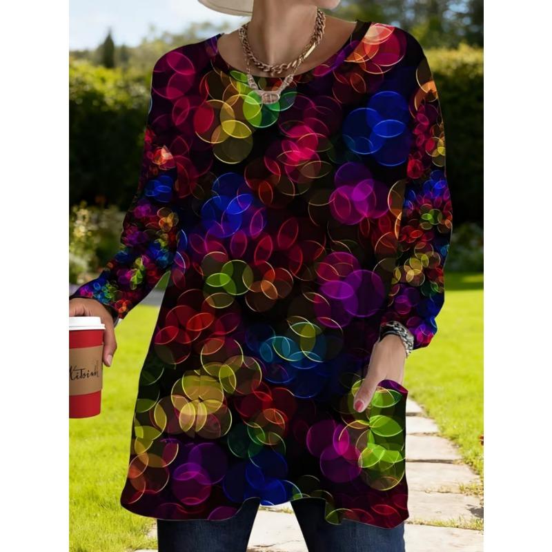 Women's Long-sleeved Round-neck T-shirt, Suitable for Spring, Autumn and Winter Seasons. It Has Pockets and Print Designs. Machine Washable.