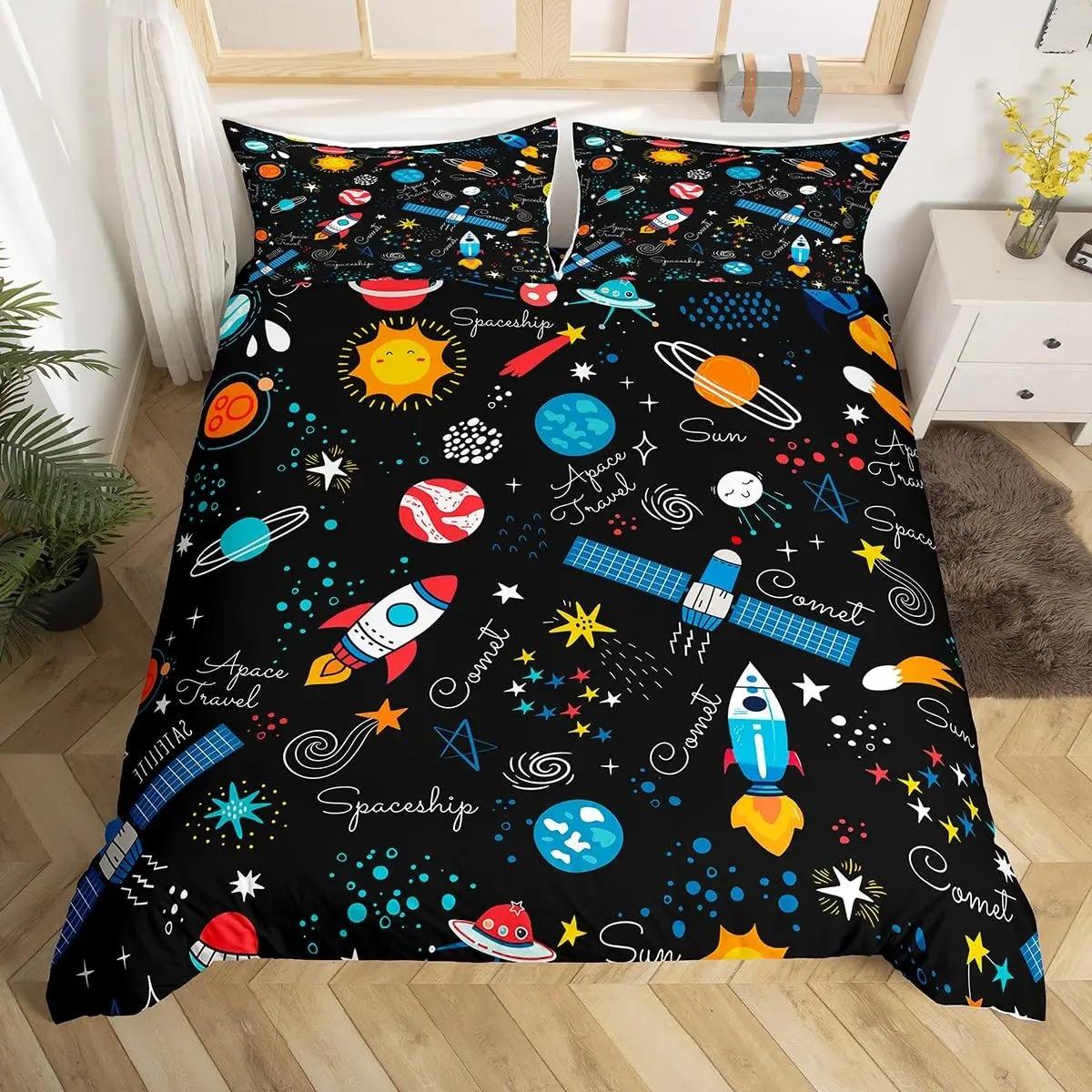 Husa Pilote Spațiu Exterior Imprimeu Rachetă Spațială Galaxie Set Lenjerie de Pat Univers Planetă Navă Spațială Husa Pilote Poliester Husa Pătură 135×200cm