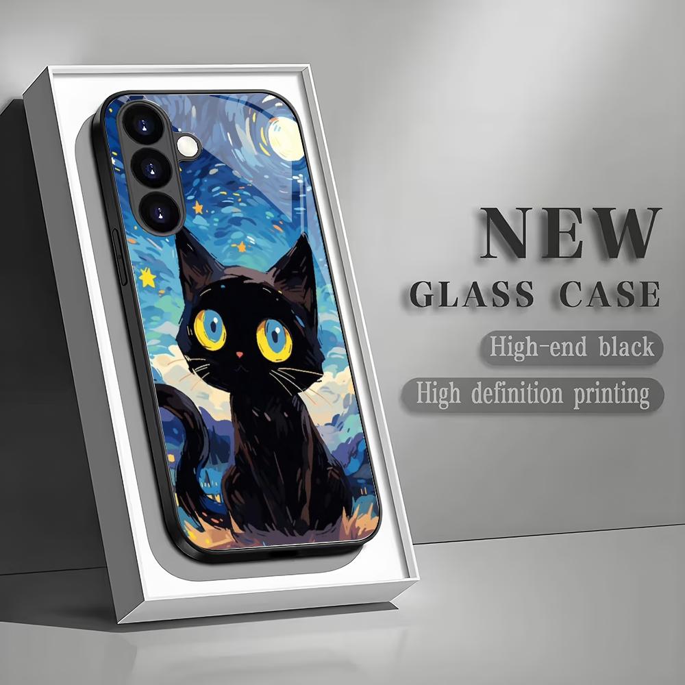 Starry Sky Cat Tempered Glass Phone Case Suitable for Samsung Galaxy S26 S25 S24 S23 S22 S20 FE/Ultra/Plus Anti Drop Back Cover