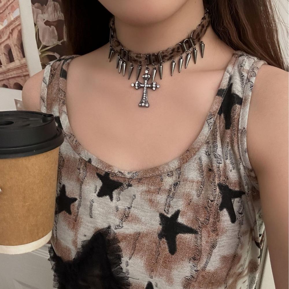 New Punk Personality Sliver Color Rivet Tassel Cross Zircon Pendant Leopard Print Collar Necklace for Women Hot Girl Y2k Jewelry
