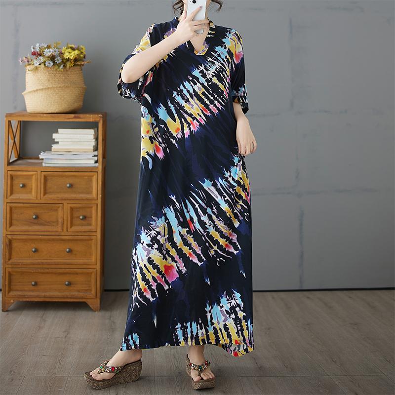 

DIMANAF Plus Size Новое летнее платье с принтом 2025 года для женщин, базовое пляжное повседневное длинное свободное платье с V-образным вырезом One Size темно-синий