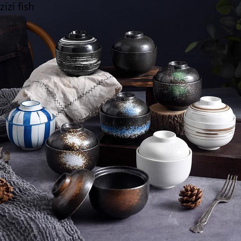 Keramikschüssel mit Deckel Kreatives Muster Dicke Suppenschüssel Dampfeierschüssel Dessertschalen Snackschalen Restaurant Spezialgeschirr