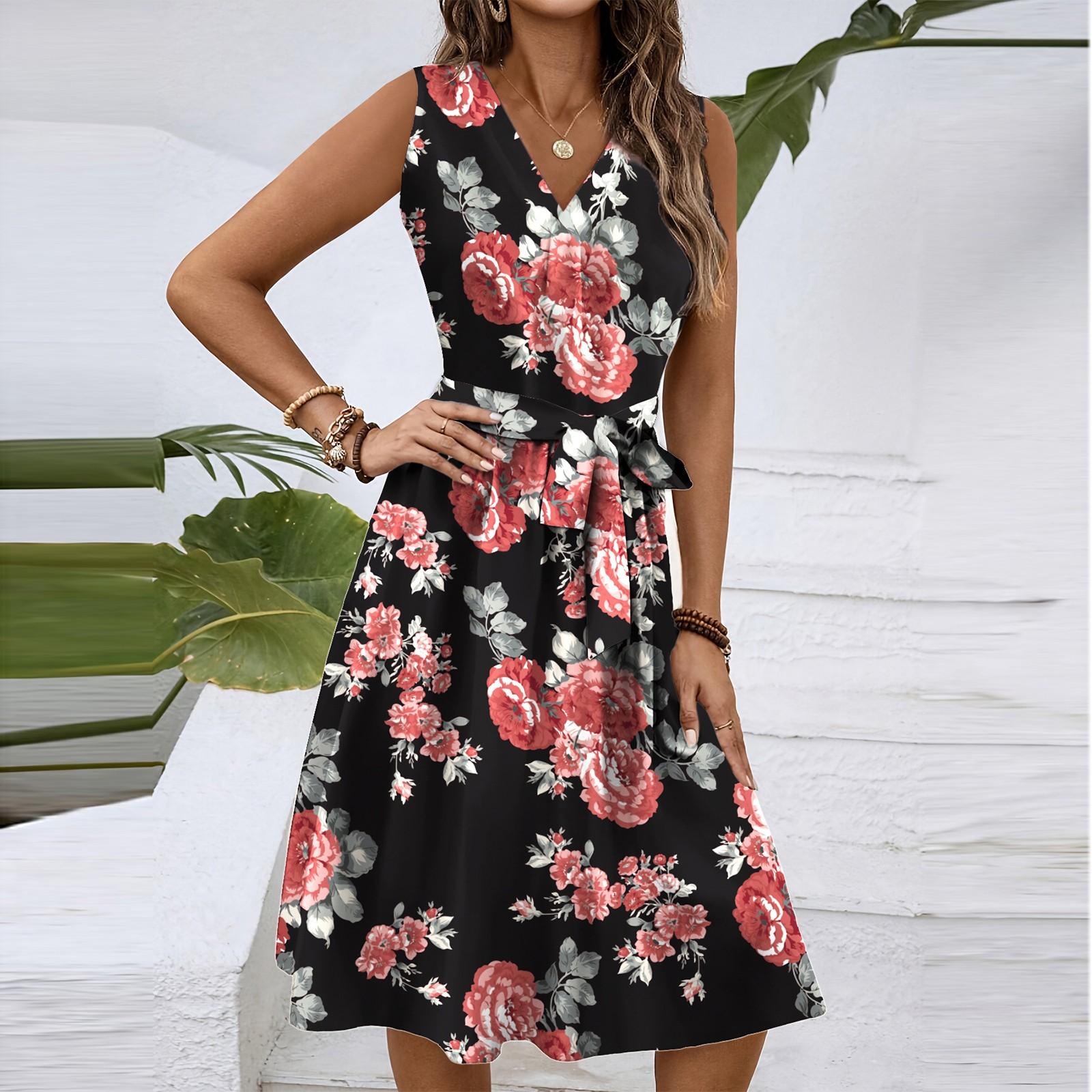 

Женское весенне-летнее повседневное платье миди с V-образным вырезом без рукавов и цветочным принтом на талии M винный