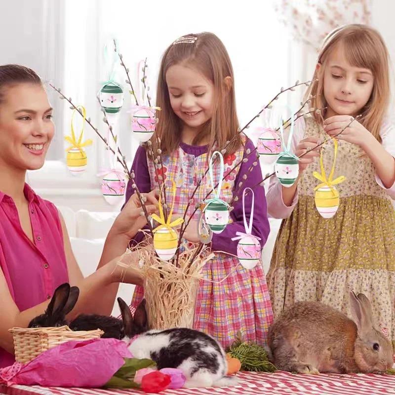 1-6Sets 12Pcs Mini Easter Decorations Eggs Hanging Ornaments Colorful for Easter Tree Basket Decor Party Favors Supplies Home