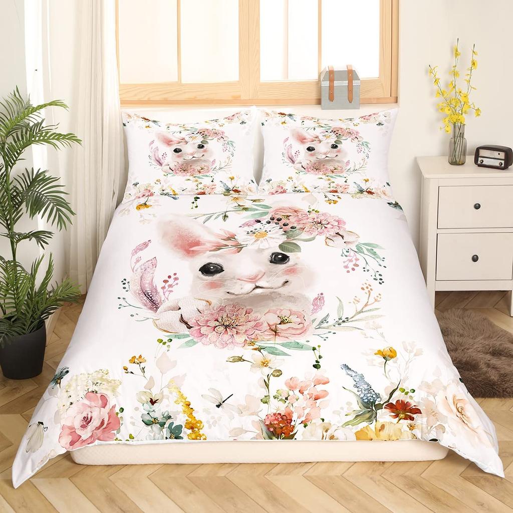 Cute Rabbit Duvet Cover Watercolor Sketch Of Sleeping Single White Easter Bunny Room Decorative Bedding Set For Girls Children