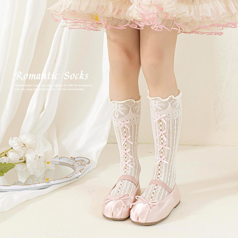 Girls Over The Knee High Socks Retro Stripes Hollow Mesh Cute Bowknot Princess Baby Kids Long Stockings