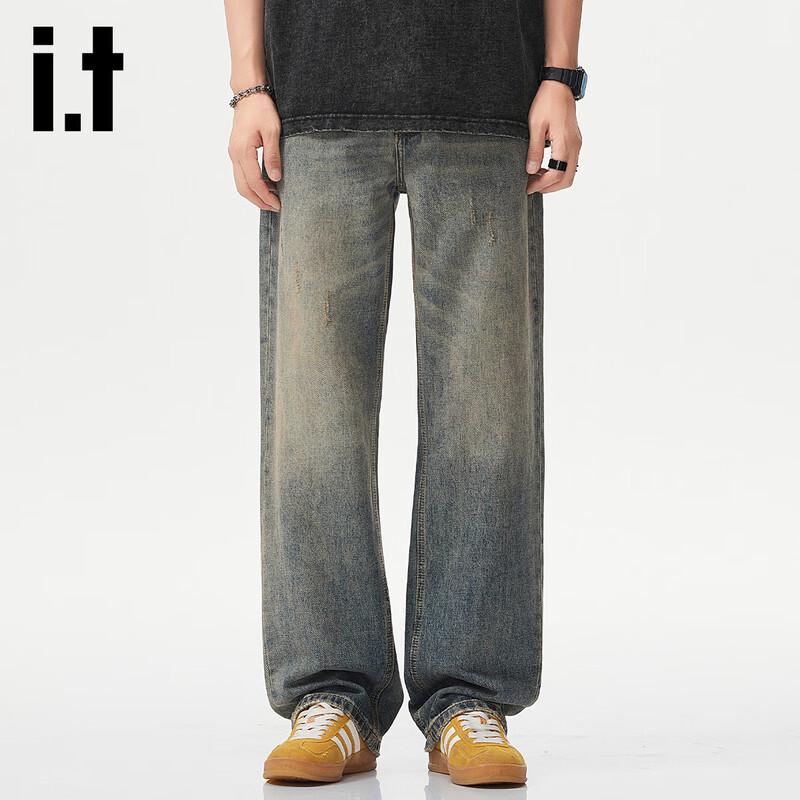 Izzueit Men's American Retro Loose Fit Washed Straight Leg Jeans