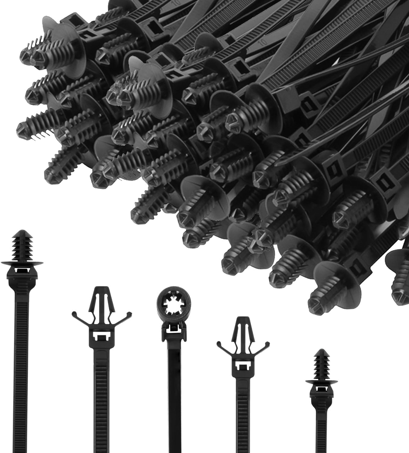 

XINGO 210 PCS Universal Nylon Push Mount Zip Ties in Various Sizes, Habitat-Duty Nylon Push Mount Self-Locking UV Resistant Wire Ties for Indoor Wire