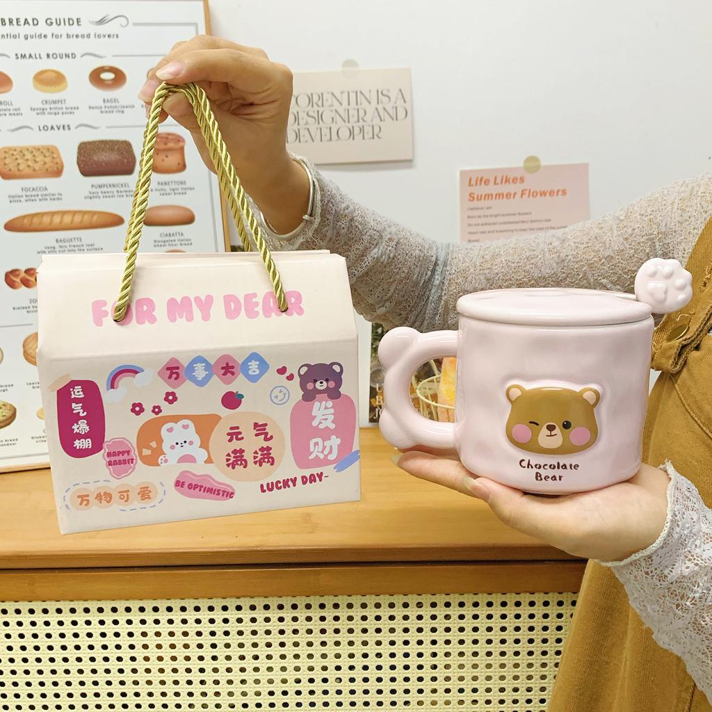 Cute Bear Mug with Lid Spoon High Value Cup Ceramic Couple Water Cup Girls Home Coffee Breakfast Cup