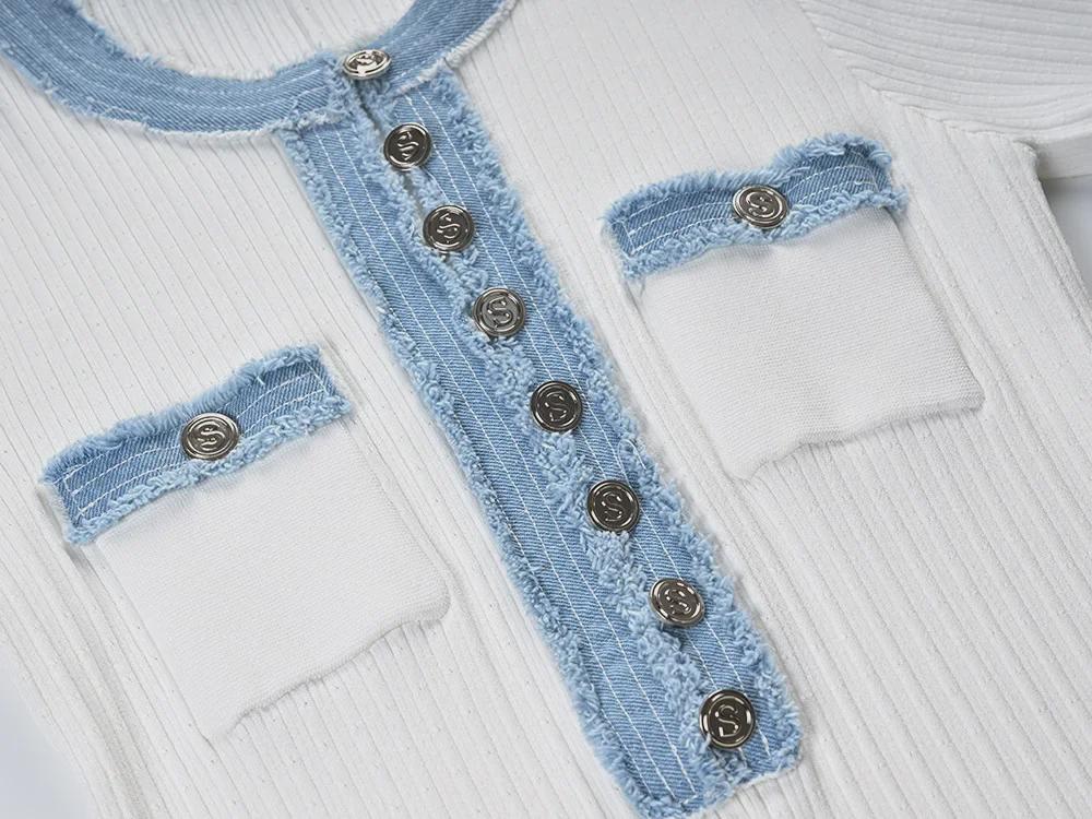 Elegantní francouzské pletené džínové svetrové šaty s krátkým rukávem