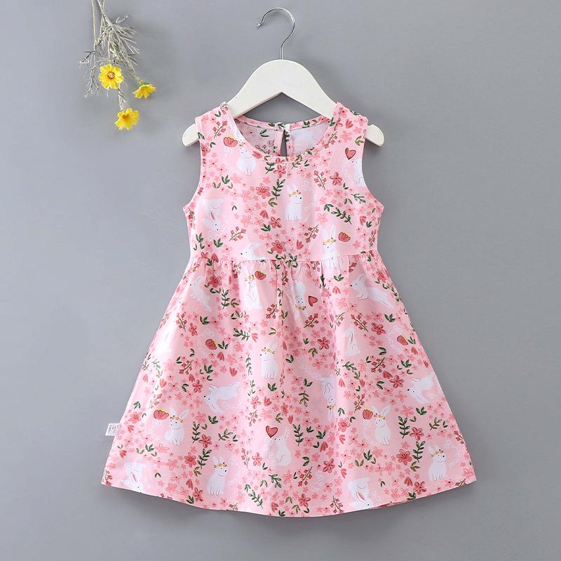 Girls' Floral Summer Princess Beach Dress, Cotton Silk Tank, A-line Skirt