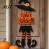 Indoor Outdoor Halloween Sign Happy Welcome Witch Legs Hat Hanging Wooden Wall Decor Durable Art Rustic Front Door Hanger for Porch Vivid Color
