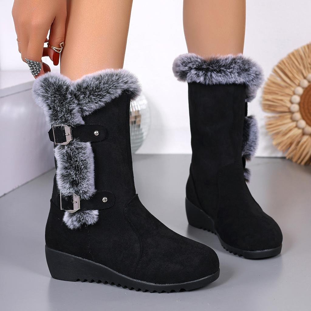 Fashion Vintage Fluffy Fur Non Slip Suede Snow Boots Women 2025 Winter Warm Plush Black Ankle Boots Metal Buckle Furry Short Booties 43