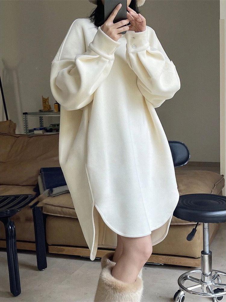 Plus Size Women's Thickened Fleece Hoodie Dress Loose Fit Knee-Length Autumn Winter Casual Dresses