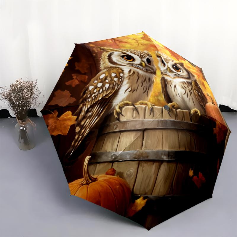 Owl and Leaf pattern, automatic folding umbrella, portable and foldable design, 8 ribs, a Christmas or birthday gift.