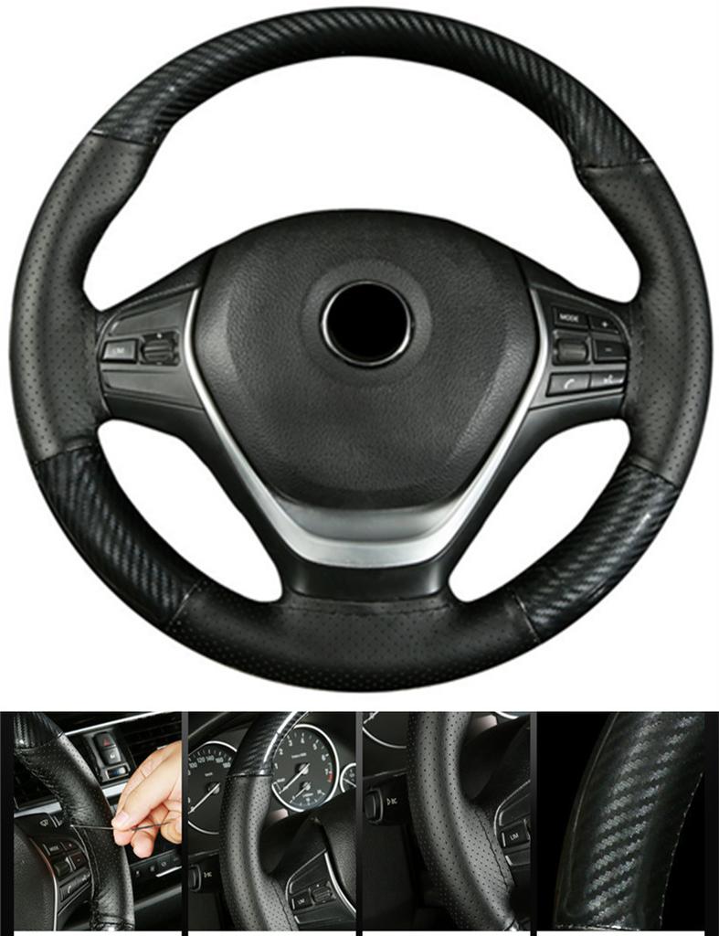 38CM Deluxe Black Carbon Fiber & Leather Car Steering Wheel Cover Trim Universal