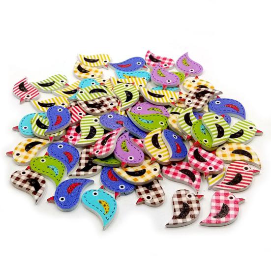 100 pezzi di uccelli in legno, colori casuali, misti, carini, decorativi, da cucire, 2 fori, bottoni