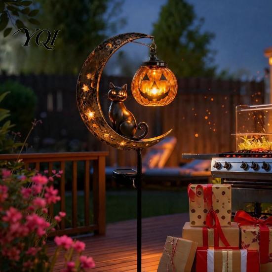 Black Cat And Pumpkin Lawn Decor Halloween Solar Garden Light, Moon Stake Pathway Lights for Home Courtyard Waterproof LED Yard Decoration Outdoor