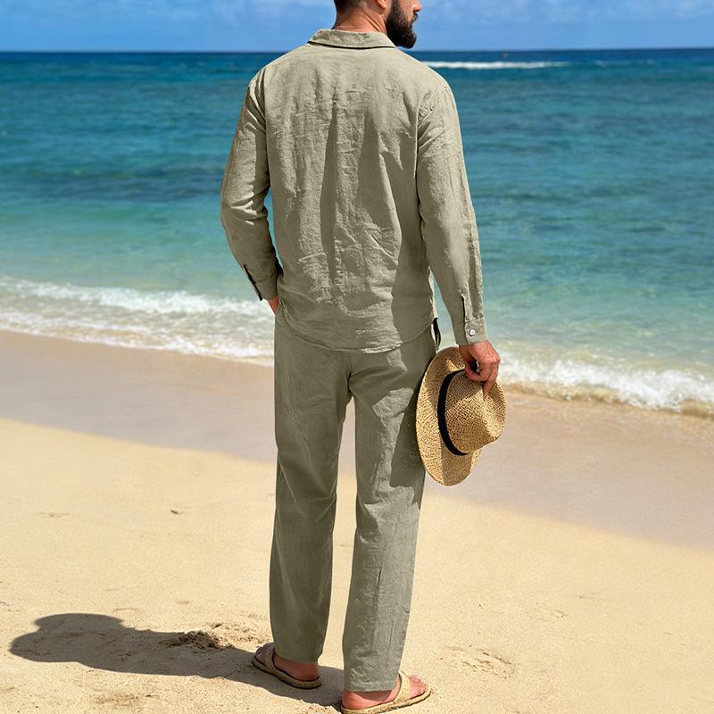 Men's Linen Long-Sleeve Lapel Shirt & Straight-Leg Pants Set for Casual Spring/Autumn Beachwear