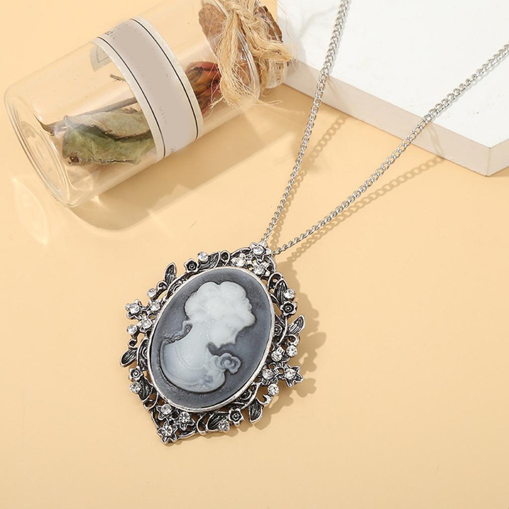 Oval Cameo Pendant Necklace with Crystal Rhinestones Handmade Vintage Jewelry Accessory Stylish Outfit Enhancer