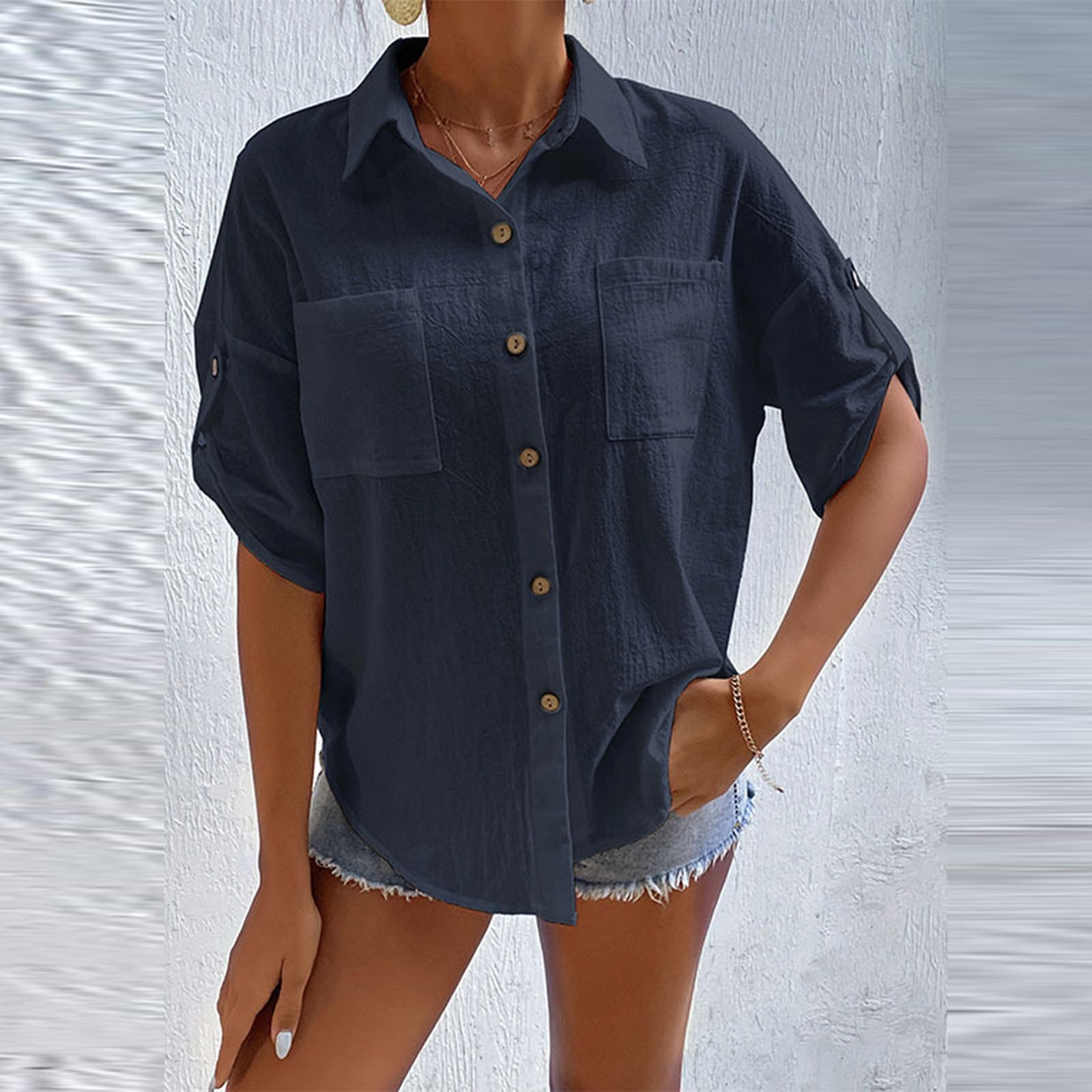 

Женская модная хлопковая льняная однотонная модная блузка с карманами и пуговицами, топ XXL тёмно-синий