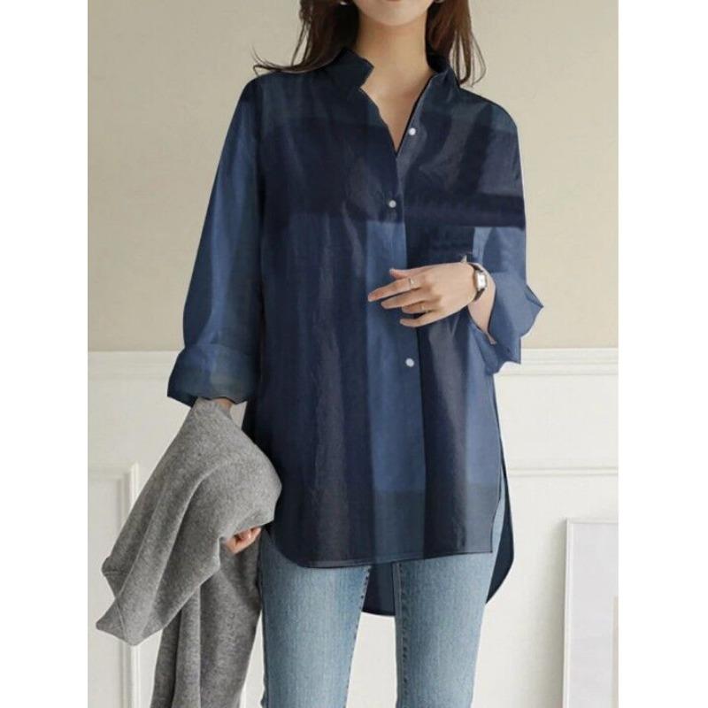 Damen Blumenprint Hemd Stehkragen 3/4 Ärmel Knopfleiste Locker Tunika Top