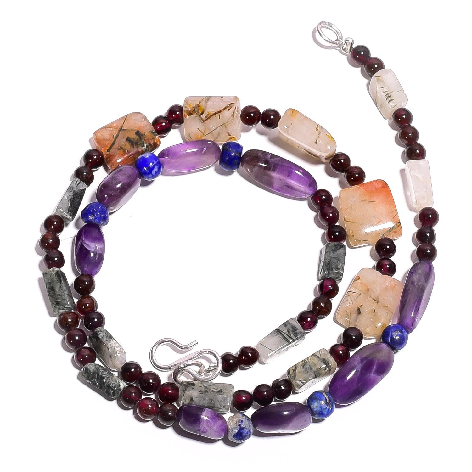 

Natural Amethyst Rutile Quartz Garnet Gemstone Smooth Beads Necklace 17 UB-4007 UB-4007