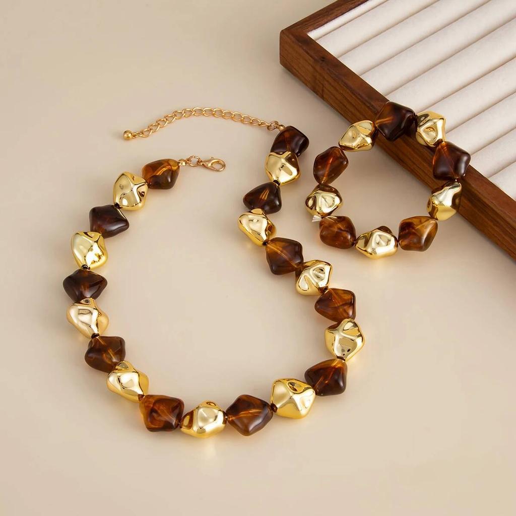Salircon Boho Resin Acrylic Metal Beaded Necklaces Bracelets Set for Women Vintage Elegant Clavicle Choker Party Jewelry Gifts