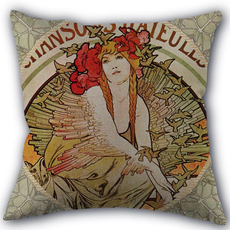 Custom Alphonse Mucha Art Pillowcase Cotton Linen Fabric Square Zipper Pillowcase 45X45 Wedding Decorative Pillow Cover