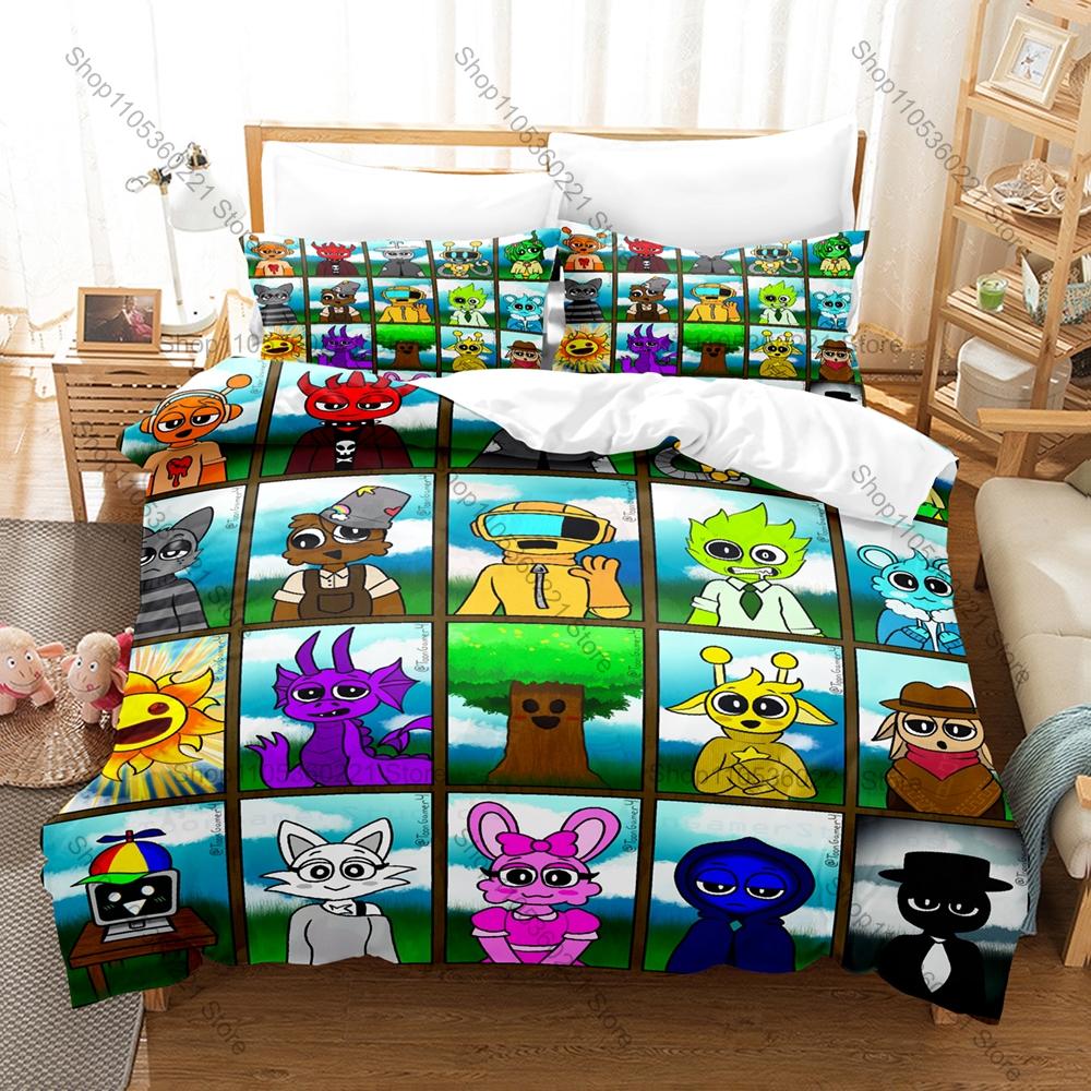 S-Sprunki 3PCS Bedding Set, Duvet Cover + 2 Pillowcases, Colorful Music Game Print Soft Microfiber for Gamers Fans Decor