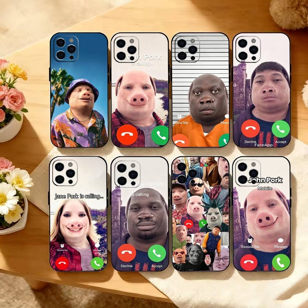 Funny J-John Pork is Calling Phone Case For iPhone 17,16,15,14,13,12,11 Plus,Pro Max,XS,Soft Silicone Black Cover