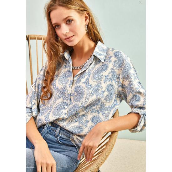 Women's Multi Leaf Patterned Folded Sleeve Viscose Shirt